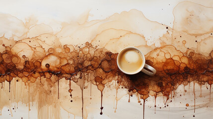 Wide photograph of coffee stain texture and a coffee cup on white paper background