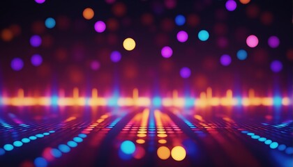 Abstract colorful defocused background with sound frequencies. Electronic lights. LED, neon, eighties, techno, discotheque, party, club - obrazy, fototapety, plakaty