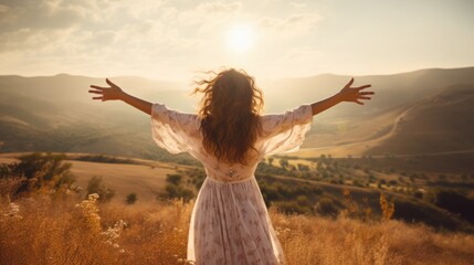 Emotional Liberation: A woman in a white dress stands atop a hill, her arms outstretched, her face radiating joy and freedom