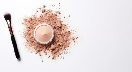 Makeup powder with brush isolated on white background. Top view. copy space, Ai generative