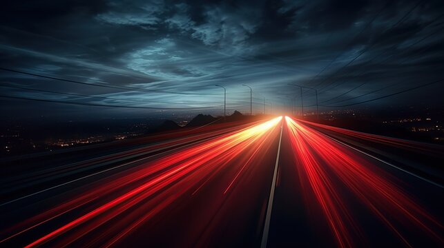 Speeding down highway light at night. AI generated image