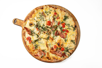 Italia maxi pizza isolated on a white background with mozzarella, raw ham, rocket, cherry tomatoes, fontina cheese, truffle oil