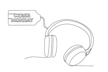 Headphones labeled Cyber Monday. Cyber Monday one-line drawing