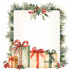 Watercolor christmas background with fir tree branches, berries and gift boxes.