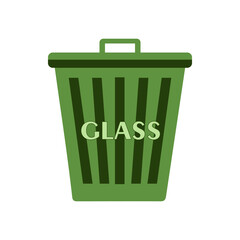 Big Flat green recycle garbage can with text Glass on it. Trash bin in cartoon style. Recycling trash can. Vector illustration isolated on white. Educational Poster, Ecology and sorting concept.