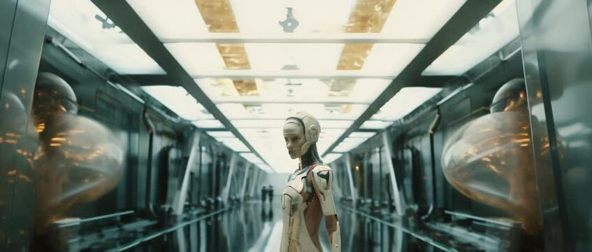 Medium shot of cyborg girl standing in hall in laboratory. Anamorphic 4k footage