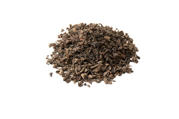 Dried tea leaves isolated on a white background.