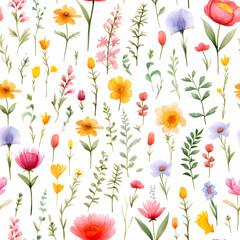 Wild flowers watercolor pattern, tileable seamless texture on white background. Great for floral wallpapers.