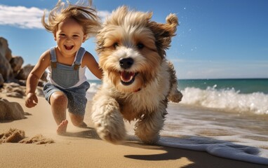Blissful Child Chasing Puppy on Beach