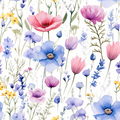 Fototapeta na wymiar Wild flowers watercolor pattern, tileable seamless texture on white background. Great for floral wallpapers.