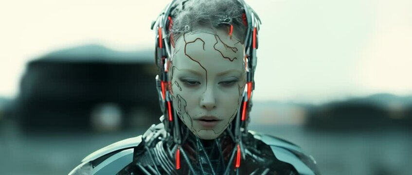 Close up of cyborg girl looking at camera. Anamorphic 4k footage