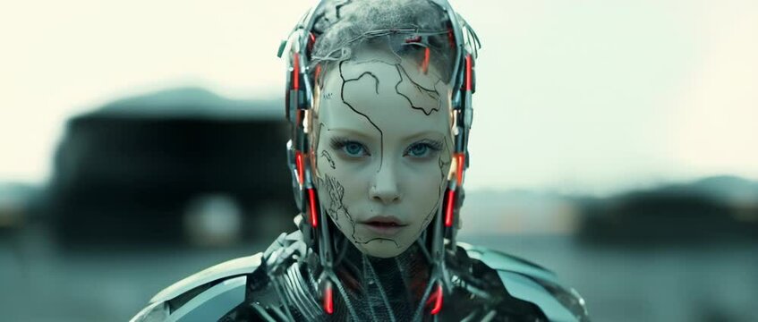 Close up of cyborg girl looking at camera. Anamorphic 4k footage