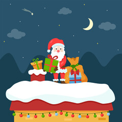 Funny flat Santa Claus on house roof with gifts and bag on winter background. Vector cartoon Merry Christmas illustration. Cute winter character with smile near chimney pipe for holiday greeting card
