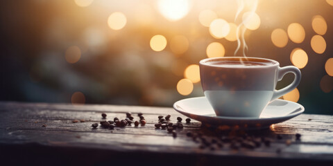 Cup of Coffee and Roasted Coffee Beans on a Wooden Table on a blurred Background with golden bokeh, copy space. Autumn, Winter or Christmas Espresso