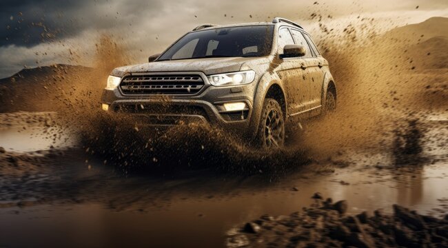 modern Suv car walking on a muddy road