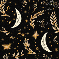 Magic seamless vector pattern with plants, stars, crescent. Boho pattern for astrology, textiles, wrapping paper, design.