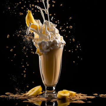 A banana Milkshake splashes with glass on black background