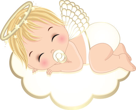 Vector Cute Angel Boy in White Ruffle Diaper Sleeping on the Cloud
