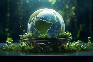 futuristic globe representing a completely green planet surrounded by plants with a futuristic background