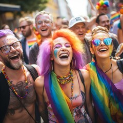 colorfully dressed group of persons laughs and enjoys gay pride parade 1:1