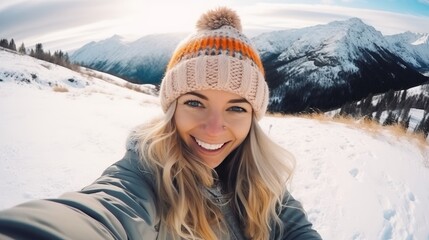 Fototapeta na wymiar Portrait of a young sporty woman in a knitted hat taking a selfie in a snow landscape