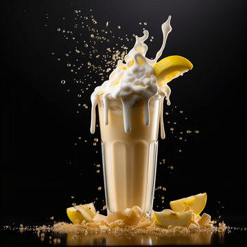 A Banana Milkshake splashes with glass on black background