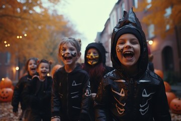 children laughing and enjoying halloween trick-or-treating a