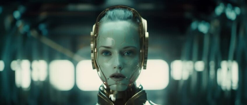 Portrait of cyborg girl in laboratory. Anamorphic 4k footage
