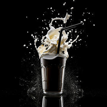 A chocolate Milkshake splashes with glass on black background