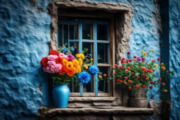 Rolgordijnen flowers in a window 4k HD quality photo. © AI artistic beauty