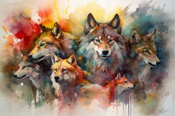 Vibrant watercolor portrayal of fierce wolfs in a pack with bold brushstrokes. Generative AI