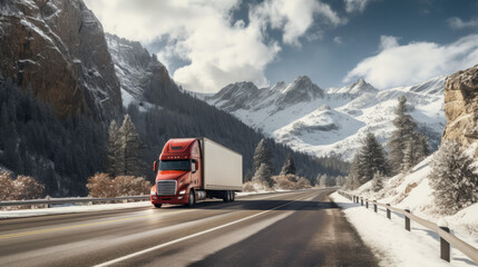 truck driving through snowy mountain roads