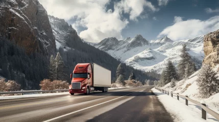 Foto op Plexiglas truck driving through snowy mountain roads © Andre