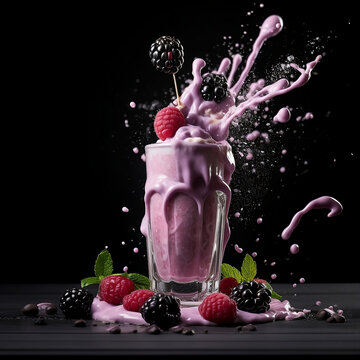 A Blackberry Milkshake splashes with glass on black background