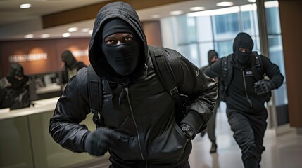 Thief man in black hoodie and mask robbing a bank with the gang running away