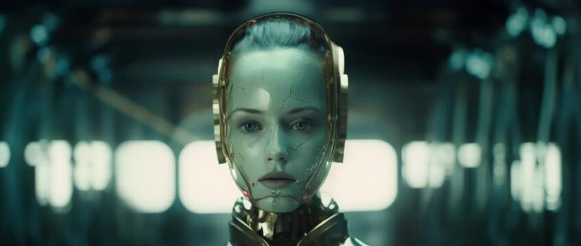 Portrait of cyborg girl in laboratory. Anamorphic 4k footage