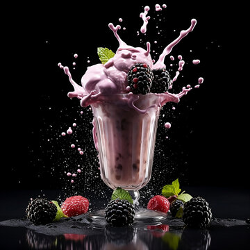 A Blackberry Milkshake splashes with glass on black background