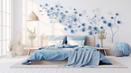 A bedroom with a bed and a blue blanket