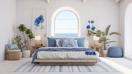 A bedroom with a large bed and a large window