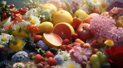 A bunch of fruit and flowers on a table