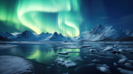 Northern Lights Majestic Aurora Borealis Over Icebergs, Snow Mountains, and Lakes in Polar Regions. Generative AI - obrazy, fototapety, plakaty