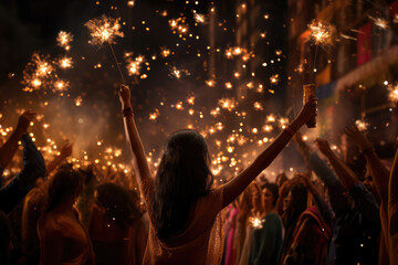 Festive people setting off fireworks and paper lanterns during the Diwali Festival in India. - obrazy, fototapety, plakaty