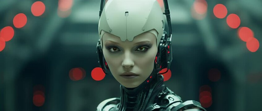 Close up of cyborg girl in laboratory looking at camera. Anamorphic 4k footage
