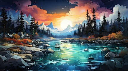 Beautiful watercolors of a winter lake between high mountains