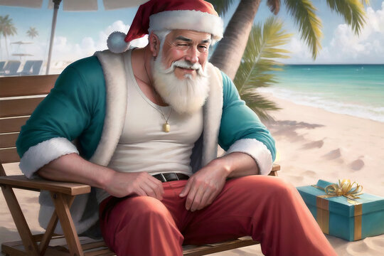 Santa claus on a christmas tourist trip rests for christmas in a tropical country