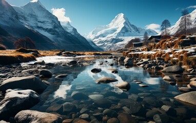 A Serene Lake Reflecting Snow-Capped Mountains