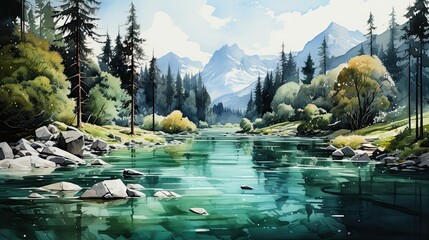 Beautiful watercolors of a winter lake between high mountains