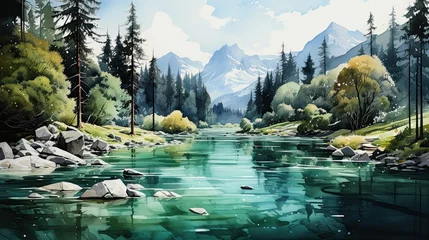 Selbstklebende Fototapete Berge Beautiful watercolors of a winter lake between high mountains