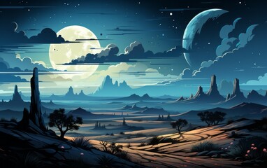 Nighttime Oasis: Serene Desert Scene with Sand Dunes and a Silhouetted Cactus
