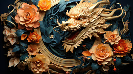 Dragon Zodiac Sign with Flowers and Asian Elements in Paper Cut Style, AI generated